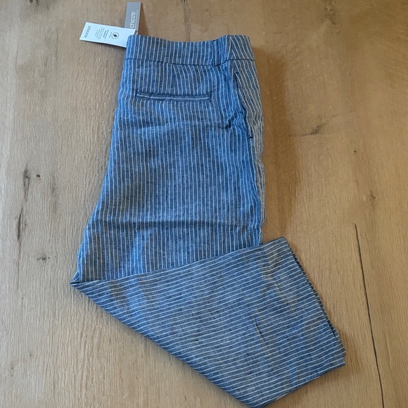 Chico’s Linen Belted Striped Crop Blue and White Pant size 16 NWT - Picture 1 of 12